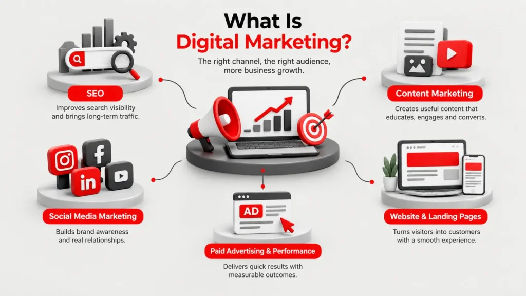 what is digital marketing, covering SEO, content marketing, social media marketing, paid advertising, performance marketing, and website landing pages.