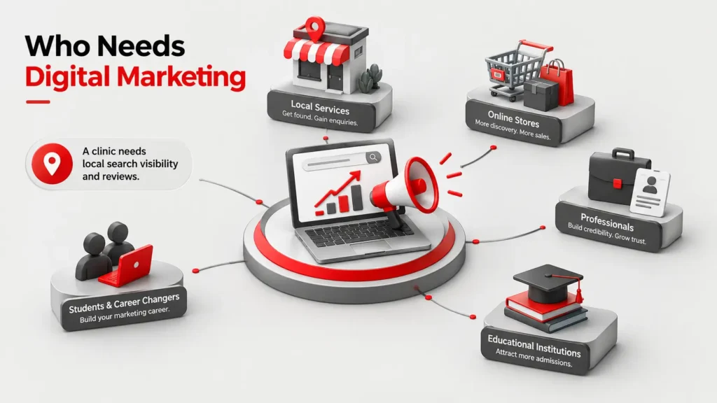 who needs digital marketing, including local businesses, online stores, professionals, educational institutions, and students seeking digital marketing career opportunities.